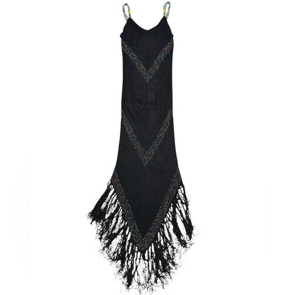 Vintage Cache Black CrochetRainbow Beaded Fringe Details Dress size Small